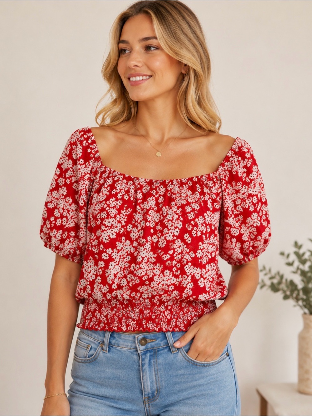 Nine Britton Off Shoulder‎ Red Floral Smocked Blouse Top Size M